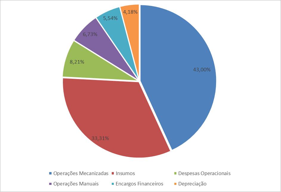 A participação das despesas com insumos agrícola representou 33,31% do COT, tendo em vista que os produtores de Cana de Açúcar em questão utilizam fertilizantes, herbicida, inseticidas e fungicidas