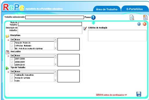 Para inserires um trabalho novo clica em «Enviar novo trabalho» A introdução de um trabalho faz-se por fases (Passos).