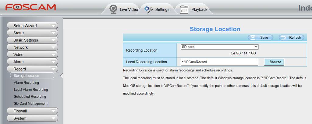 Clique em Record e selecione Storage Location, Em Record Location, selecione SD Card, e em