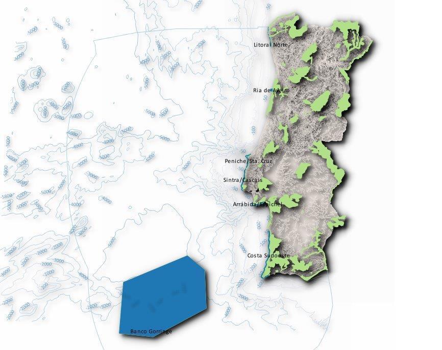 Figura 1. Sítios atualmente classificados no âmbito da Diretiva Habitats em Portugal Continental, destacando-se os que integram área marinha, conforme Tabela 1.