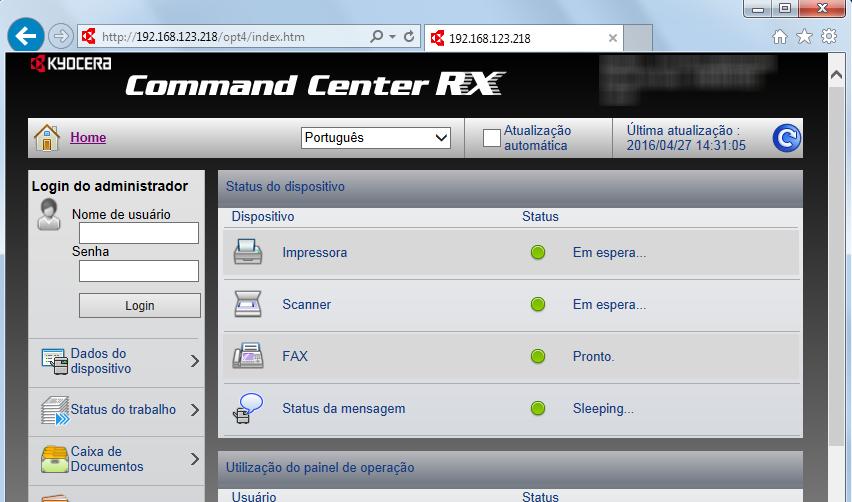 Instalando e configurando a máquina > Command Center RX Acessar Command Center RX 1 Exibir a tela. 1 Inicie o seu navegador Web.