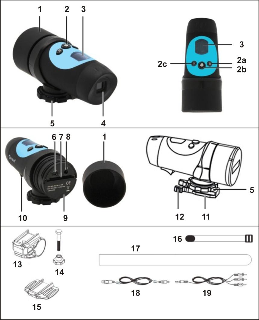 Manual de instruções Descrição 1 Cápsula 9 Compartimento da bateria 2 Botões de controlo 10 Microfone 2a Botão de menu 11 Base da câmera 2b Botão de captura 12 Patilha de fixação 2c Botão ligar e