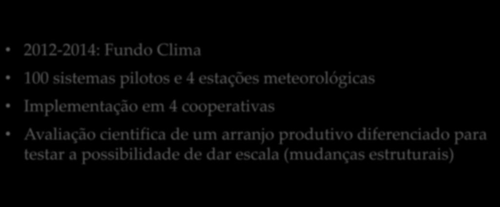 Próxima fase 2012-2014: Fundo Clima 100 sistemas pilotos e 4 estações meteorológicas Implementação em 4 cooperativas