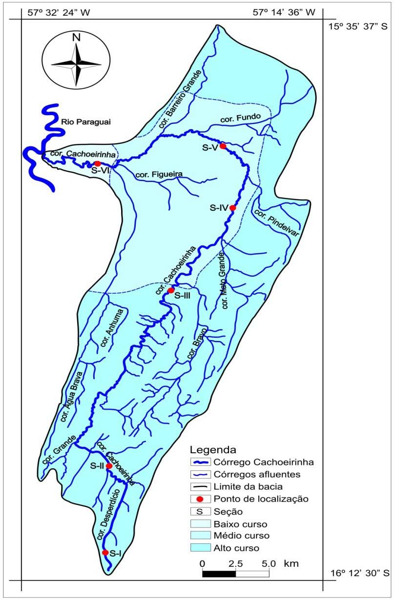A bacia hidrográfica do córrego Cachoeirinha foi dividida em três setores: alto, médio e baixo cursos.