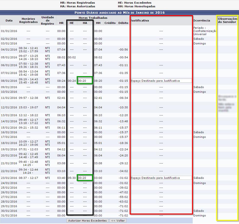 3 Homologar frequência: Nesta tela estão todos os registros diários do servidor, como também as observações feitas pelo mesmo. As observações estão destacadas no espaço em amarelo.