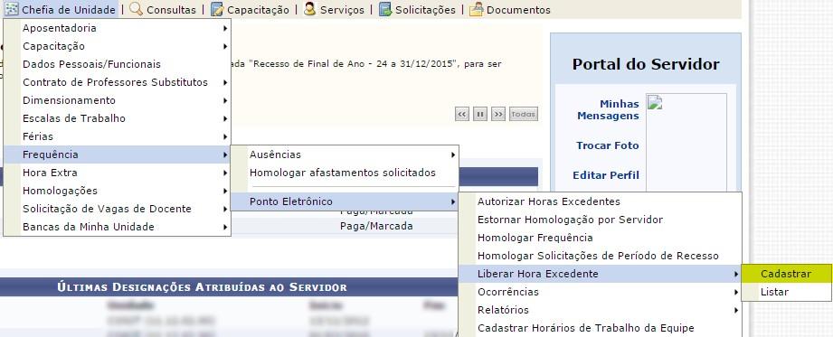 5 Liberar horas excedentes: Esta funcionalidade é usada quando se deseja liberar um servidor para realizar hora excedente quanto ele já