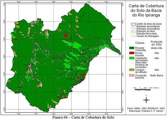 O produto cartográfico obtido na classificação supervisionada da imagem de satélite permitiu a confecção da Carta de Cobertura do Solo da bacia (Figura 06), na qual fica evidenciado que predomina na