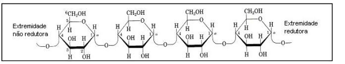 15 A amilose é um polímero linear constituído de unidades de D-glicose, unidas entre si por ligações tipo α -1,4 com uma extremidade redutora e uma não redutora (SANTOS, 2012 apud MANNERS e MATHESON,