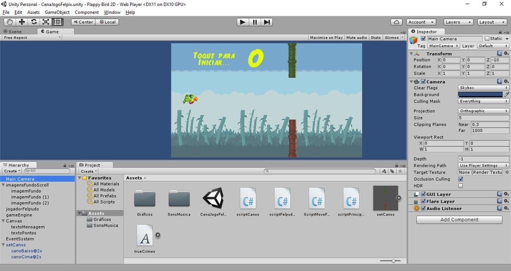 Figura 2: Área de trabalho do programa Unity3D com o jogo flappy bird.
