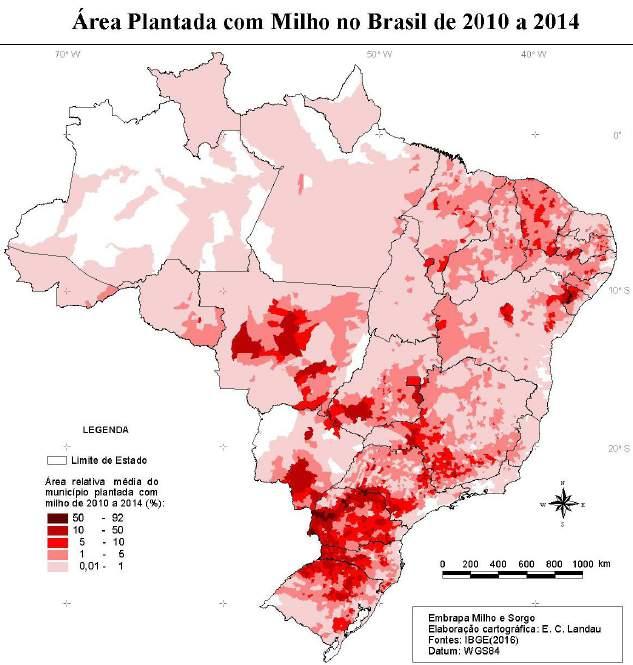 222 Impacto das mudanças climáticas sobre a distribuição geográfica das ferrugens do milho Figura 1. Concentração geográfica de plantios de milho no Brasil de 2010 a 2014 Fonte: IBGE (2016).