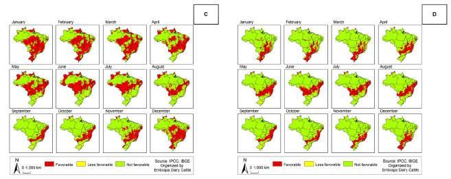 2050 (C) e 2080 (D), sob o cenário de A2 para o Brasil, considerando-se temperaturas de 24-28ºC (favorável - em vermelho), 20ºC (menos favorável - em amarelo), e os valores extremos (16 e 32ºC) não