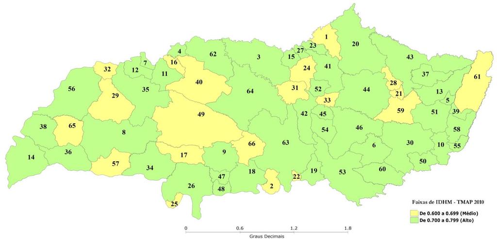 Figura 4 Faixas de IDHM-2010 para os municípios do TMAP Nº mapa Município IDHM2000 Nº mapa Município IDHM2000 1 Abadia dos Dourados 0,575 34 Itapagipe 0,626 2 Água Comprida 0,604 35 Ituiutaba 0,653 3
