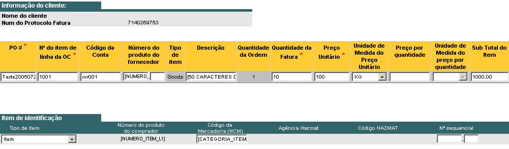 Esta área possui todos os detalhes da linha. Os campos já estão preenchidos e tem como base o pedido de origem.