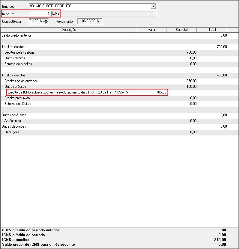 OBS: O valor referente ao crédito de ICMS sobre estoques, somente será demonstrado, caso haja notas de saídas lançadas com o imposto 1 ICMS.