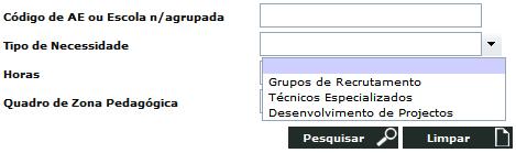 Imagem 12: Opções do Tipo de Necessidade Para o Quadro de Zona Pedagógica (QZP) apresenta a lista de todos os códigos de