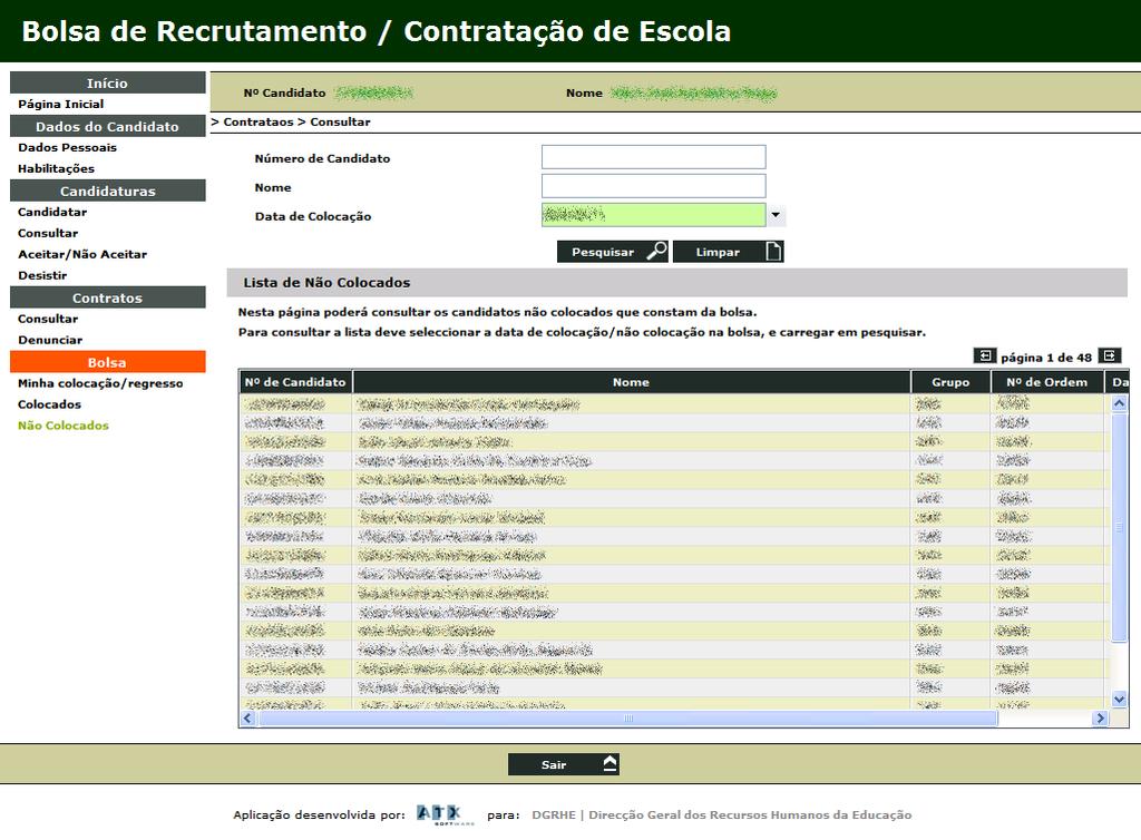 6.3 Não Colocados Para ver a lista dos não colocados terá de preencher, obrigatoriamente, o campo Data de