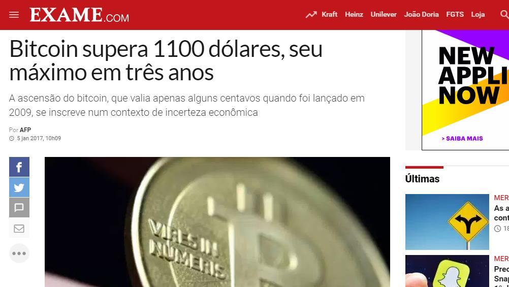 MERCADO BITCOIN - CRIPTOMOEDAS Exame.com O bitcoin, moeda virtual utilizada para transações na internet, era cotado em mais de 1.100 dólares.