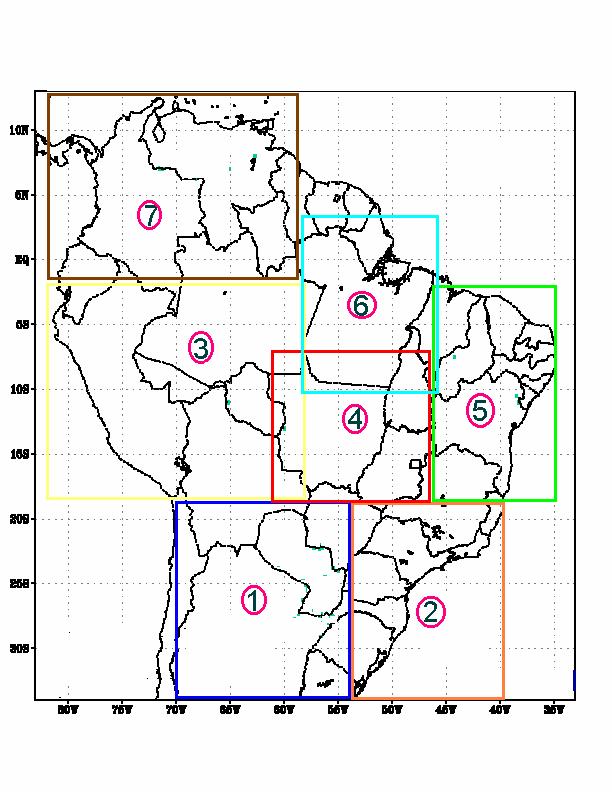 Figura 1 - Divisão da América do Sul em 7 macroregiões para a avaliação da performance do RFF.
