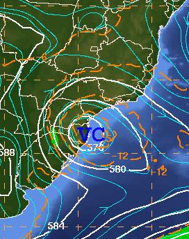 Na análise sinótica de nível médio (500 hpa) das 18Z do dia 09/04/2011 (Figura 2, nota-se a presença de um anticiclone centrado sobre o sul do Paraguai.