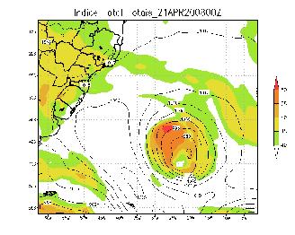 O índice K apresentou valores relativamente baixos na região do ciclone, porém também acompanhou o seu deslocamento.