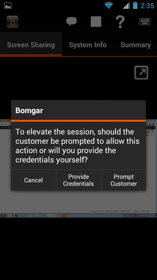 Direitos de elevação no cliente da Consola de Apoio Técnico do Android Quando uma sessão inicia no modo clique para conversar, apenas o chat estará disponível.