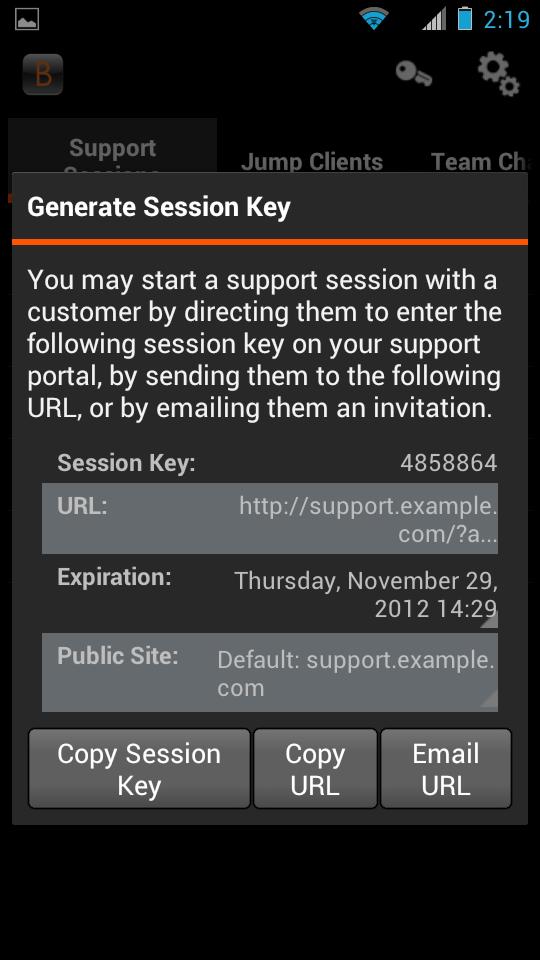 Gerar uma chave de sessão para iniciar uma sessão de apoio técnico na Consola de Apoio Técnico do Android Um método para iniciar uma sessão de apoio técnico é o cliente enviar uma chave de sessão,