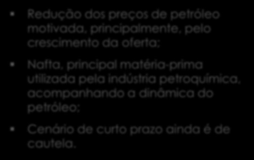 A indústria petroquímica 160 Preços de Nafta e Brent 4,9 Adição de capacidades de Eteno (MM ton) 6,4 6,5 6,7 7,9 5,6 5,6 3,2 BRENT ($/bbl) 397 NAFTA ARA - CIF NWE (US$/ton) 49 2014 2015 2016 2017 20