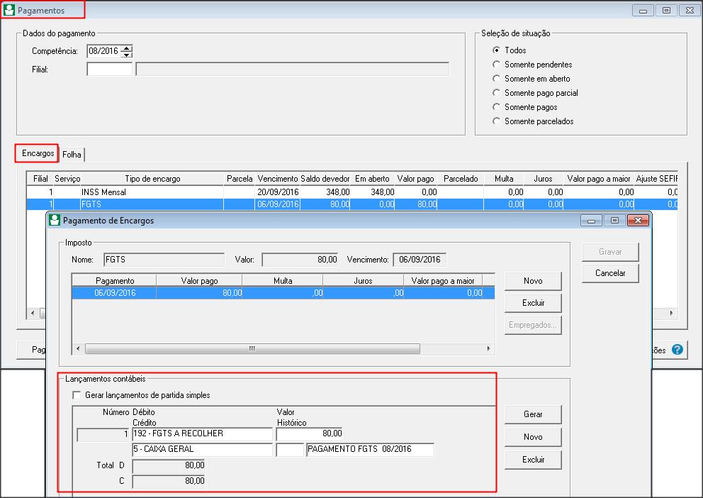 2.3 Na guia ENCARGOS, selecione o encargo que será pago; 2.4 Clique no botão [Pagar]; 2.5 Na tela PAGAMENTO DE ENCARGOS, clique no botão [Novo]; 2.5.1 No campo PAGAMENTO, será demonstrada a data de pagamento do imposto; 2.