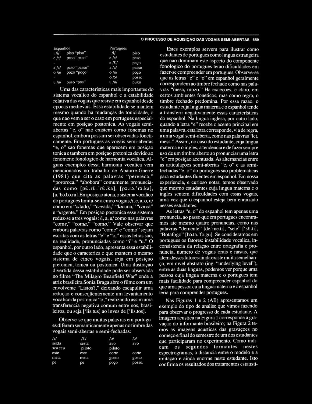 O PROCESSO DE AQUISIQAO DAS VOGAIS SEMI-ABERTAS 659 Espanhol Portugues i /i/ piso "piso" i/i / piso e /e/ peso "peso" e/e/ peso - e/ / pe90 a /a/ paso "passo" a/a/ passo o /o/ pozo "P090" 0/0/ po^o -