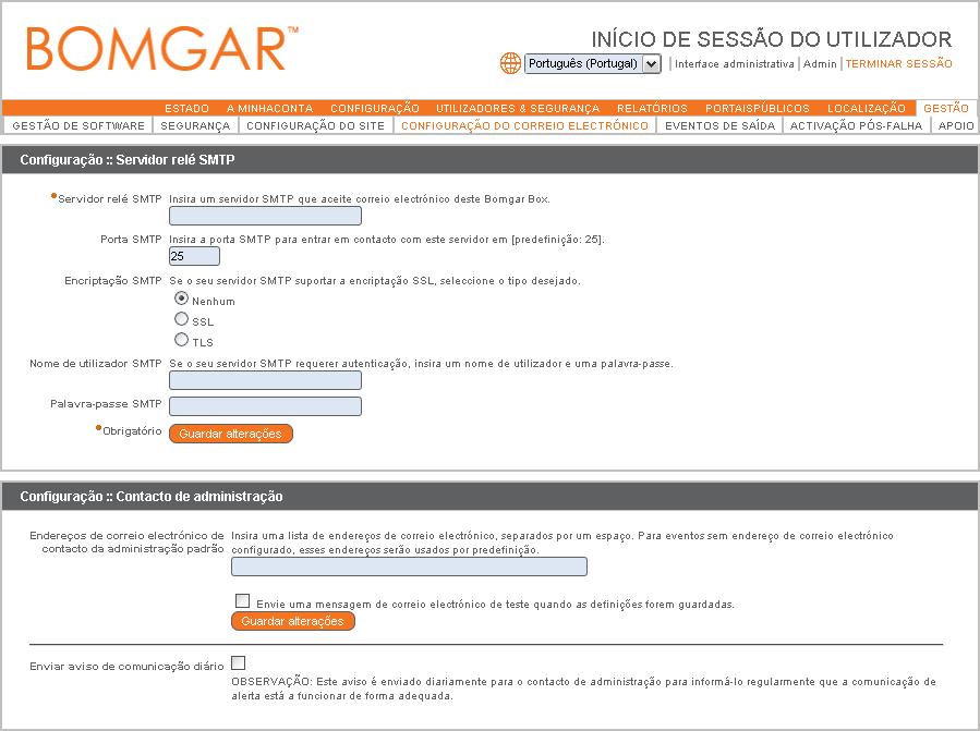 Configuração do correio electrónico Introduza as informações do servidor relé SMTP para que a sua Bomgar Box possa enviar notificações de