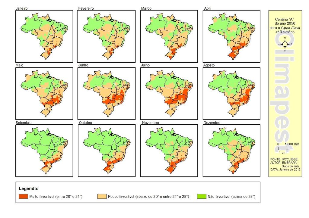 FIGURA 3: Favorabilidade de sobrevivência do Sipha flava para 2050 em A2 no Terceiro Relatório.