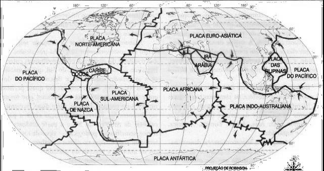 Placas tectônicas - arquivo pessoal 9) Um forte terremoto de 8,8 graus na escala Richter atingiu a região central do Chile, com seu epicentro perto da cidade de Concepción, às 3h34min (hora local) do