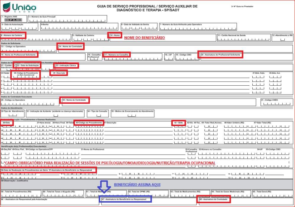 MODELO DE PREENCHIMENTO COMPLETO DE GUIA SP/SADT Campos obrigatórios de preenchimento (grifados): 8 Número da carteira 10 Nome (beneficiário) 14 Nome do Contratado 15 Nome do Profissional Solicitante