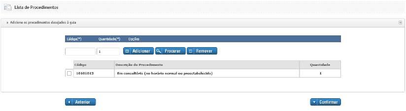 Lista de Procedimentos O sistema traz