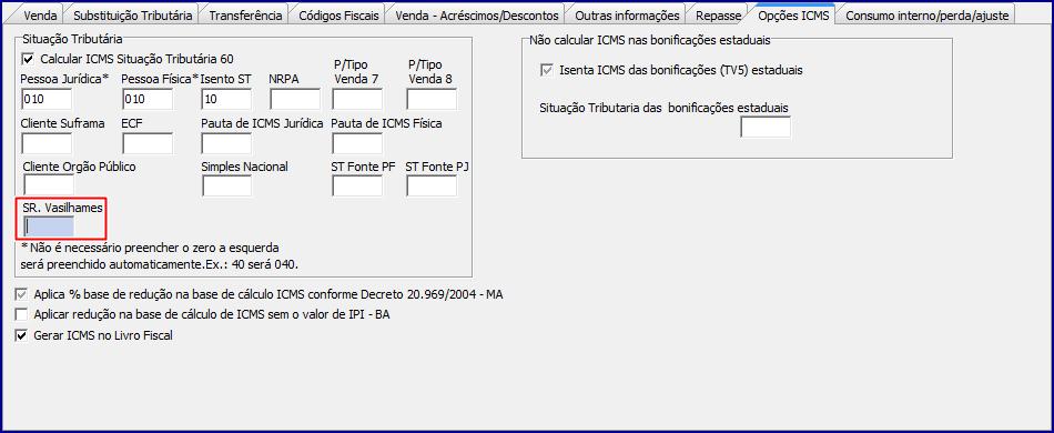 3.5 Acesse a aba Opções ICMS, caixa Situação Tributária e informe no campo SR Vasilhames o CST de simples remessa vasilhame: 3.6 Clique o botão Gravar.