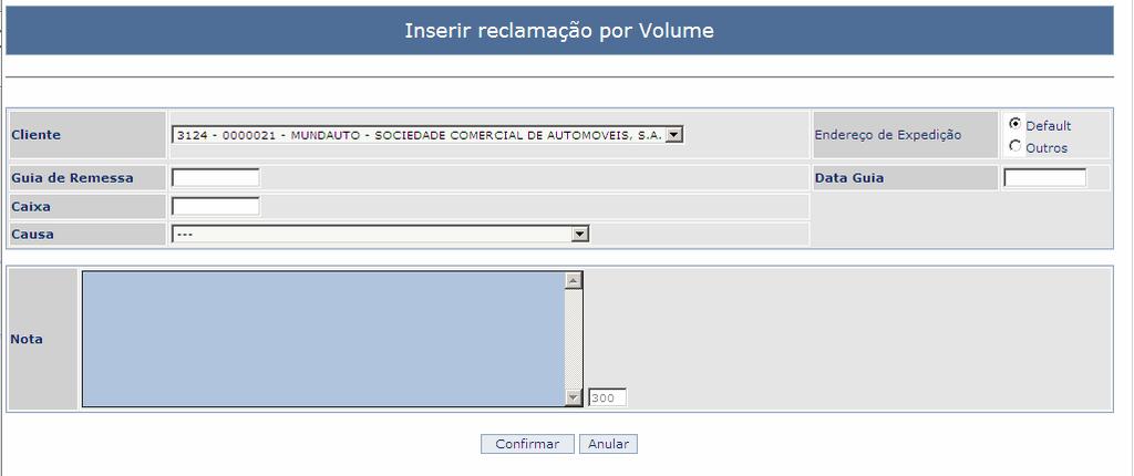 Introduzir Reclamação para Volume As reclamações do tipo L- Qtd.