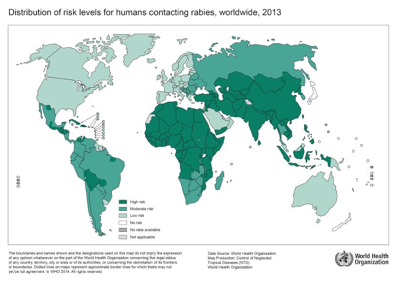 45 FIGURA 4 - DISTRIBUIÇÃO DE NÍVEIS DE RISCO DO CONTATO HUMANO COM A RAIVA, 2013 FONTE: WHO (2014b) Alguns países, como Uruguai, Portugal, Espanha, Irlanda e Japão, encontram-se livres da infecção