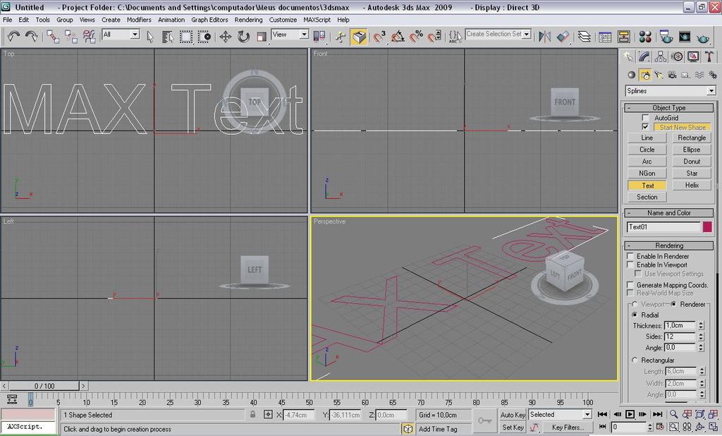 6 Um dos botões da aba SPLINE é o botão TEXT, com ele podemos criar textos em 2D igual ao exemplo do