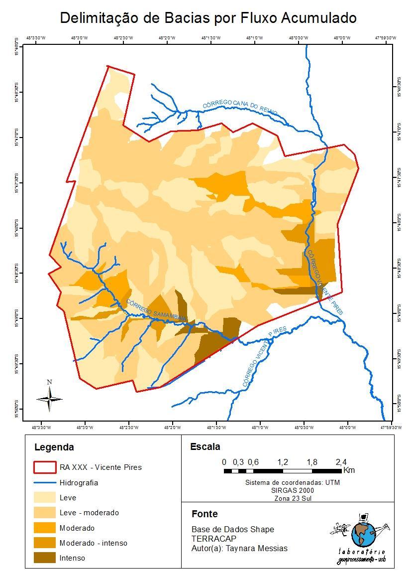 10 Figura 3 Mapa de Fluxo Acumulado A partir deste mapa foi determinado o risco de possíveis alagamentos onde a definição do impacto foi determinada como de mesma significância do acúmulo de fluxo a