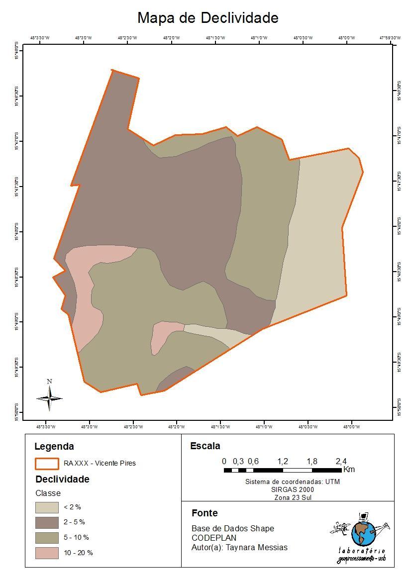 11 Utilizou se a shape de declividade da base de dados da CODEPLAN para a análise da declividade do Setor Habitacional Vicente Pires, gerando assim o mapa de declividade, sendo que esta, foi