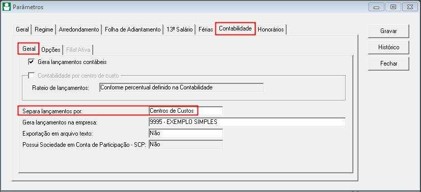 Exemplo 2: Observe a seguir um exemplo do comportamento do sistema quando selecionado no campo SEPARA LANÇAMENTOS POR a opção Centro de Custos.