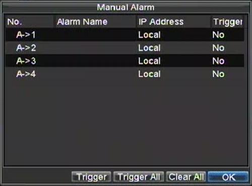 Figura 10. Menu Alarme Manual 2. No menu Alarme Manual, você pode: Acionar: Selecionar um alarme em uma lista e clicar em Acionar para ativar a sua saída.