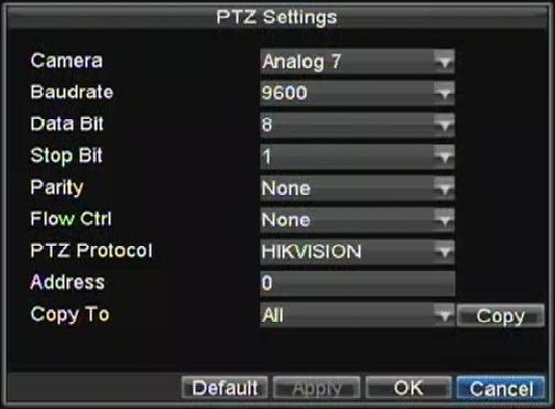 Figura 2. Menu de Configurações do PTZ 2. Selecione o canal onde a câmera PTZ está instalada ao lado da opção Câmera. 3.