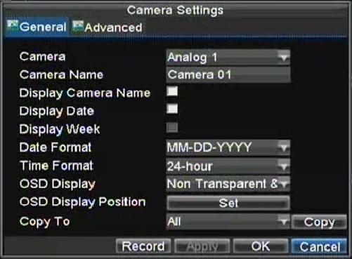 Opções de Configurações de Visualização na Tela (OSD) As opções de exibição na tela do display (OSD) podem ser configuradas no menu 'Controle da Câmera.
