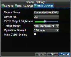 Figura 2. Menu Mais Configurações 3. As opções de configurações incluem: Nome do Dispositivo: Nome a ser usado para o DVR. Número do Dispositivo: Número do dispositivo a ser usado no DVR.