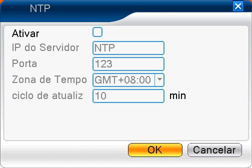 Figura 4.20 NTP O servidor NTP deve ser instalado no PC. IP do Servidor: Inserir o endereço IP do servidor NTP instalado. Porta: Padrão: 123.