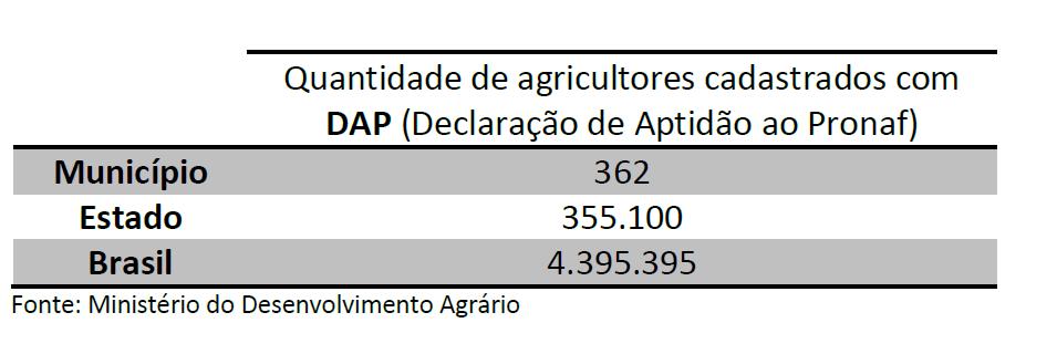 Atualmente, temos 362 agricultores familiares cadastrados com DAP (Declaração de Aptidão ao Pronaf) neste município.