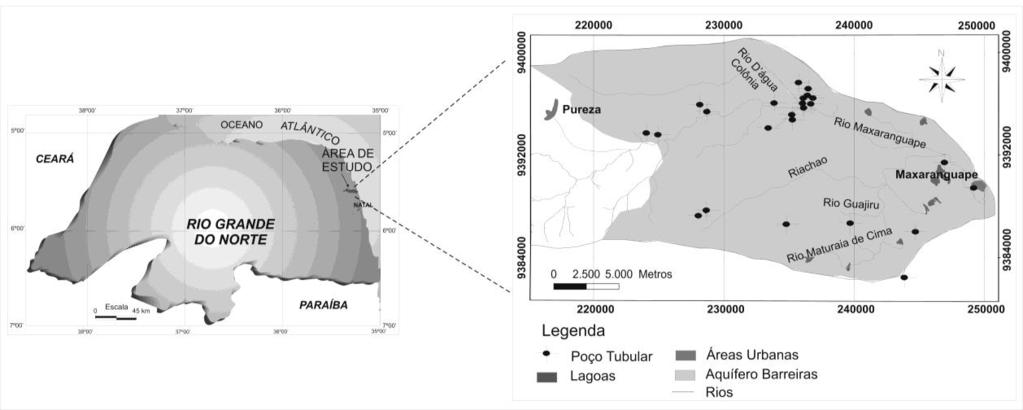 Avaliação dos recursos hídricos do Aquífero Barreiras na bacia do rio Maxaranguape-RN Figura 1 - Localização da área de estudo e situação dos poços e piezômetros utilizados nas avaliações