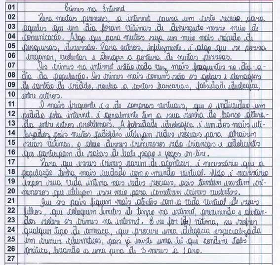 O texto desse estudante apresenta desvios relacionados à Competência I, Registro, como de acentuação e uso inadequado da pontuação, que não são considerados graves.