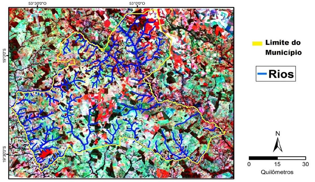 Figura 3 - Imagem do Satélite Landsat 8 com a hidrografia do Município de Paraíso das Águas - MS.